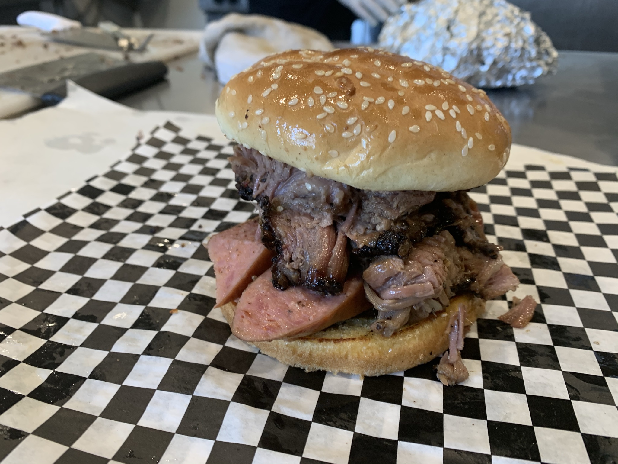 Motherwells BBQ Sandwich. Brisket and sausage.